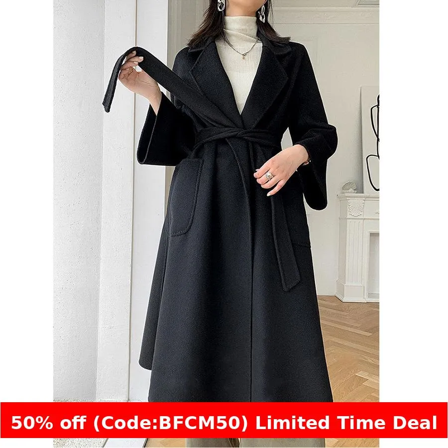 Flytonnshop winter outfits men 2024 Double-Sided Woolen Coat Women's M Labbro Water Ripple Bathrobe Belt Cashmere Wool Coat Women's Clothing