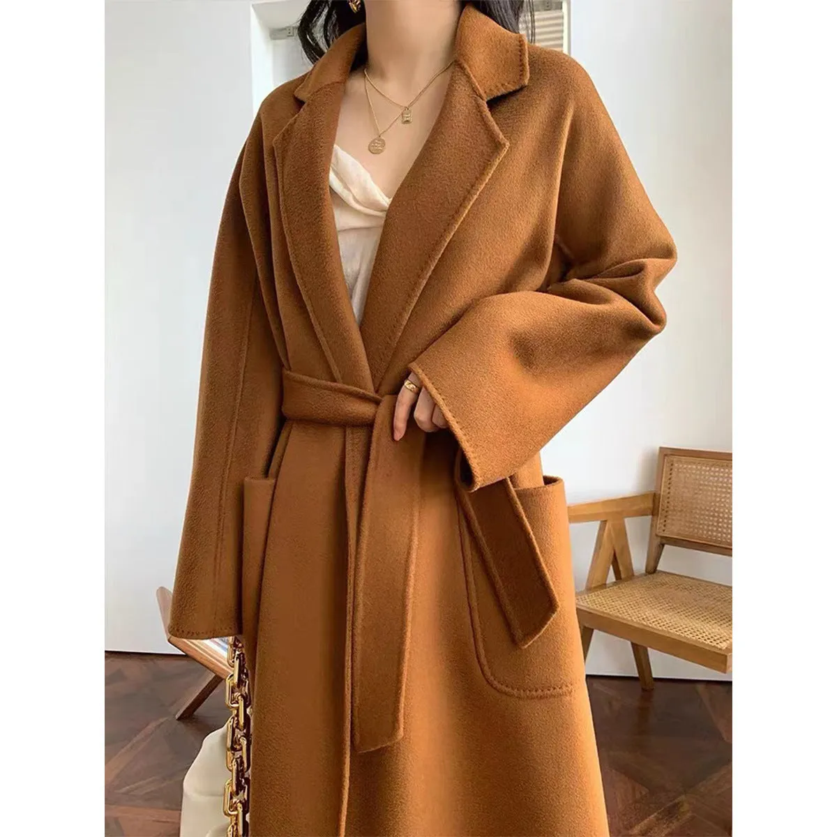 Flytonnshop winter outfits men 2024 Double-Sided Woolen Coat Women's M Labbro Water Ripple Bathrobe Belt Cashmere Wool Coat Women's Clothing