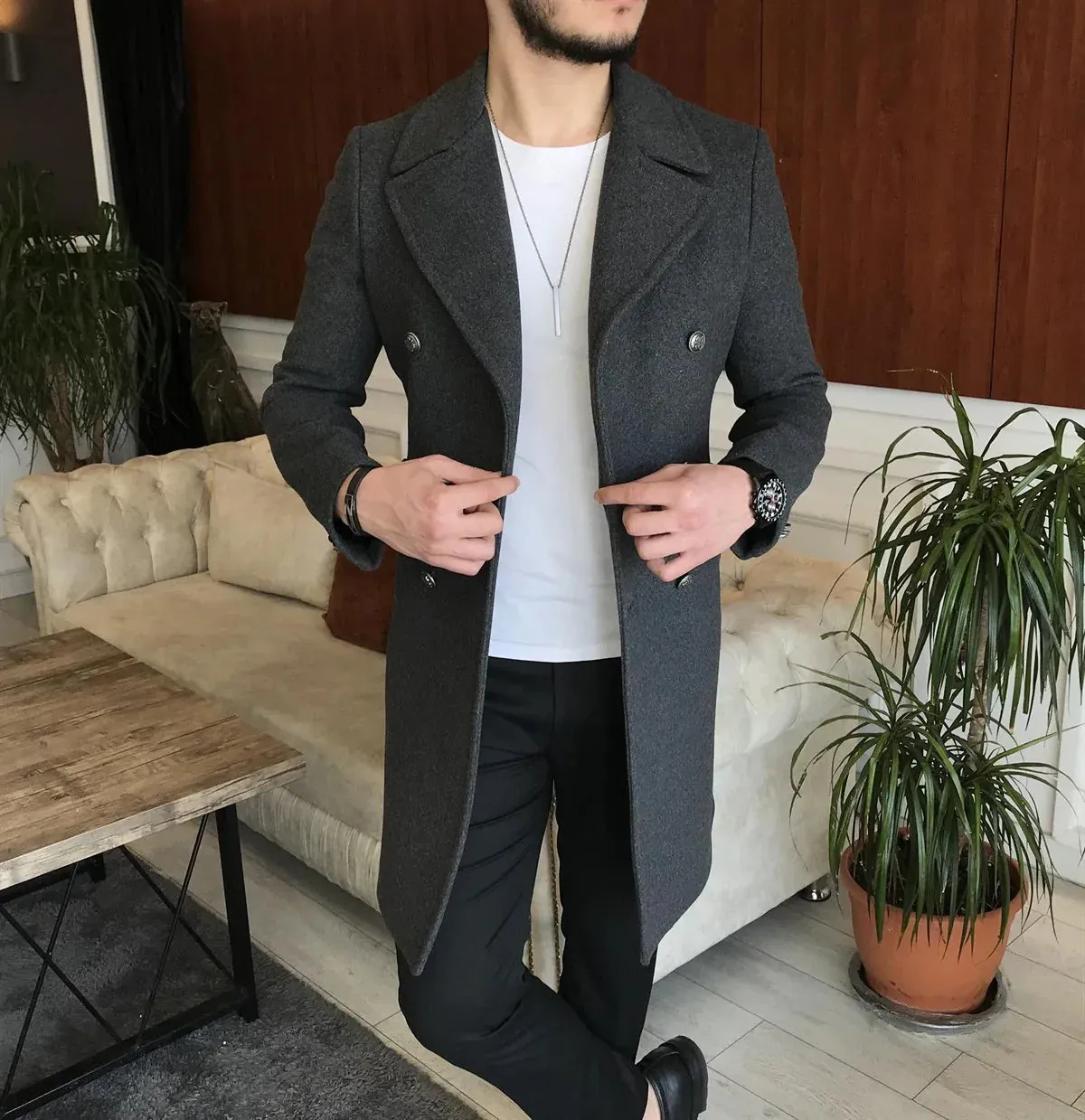 Frost Slim Fit Dark Grey Double Breasted Wool Coat