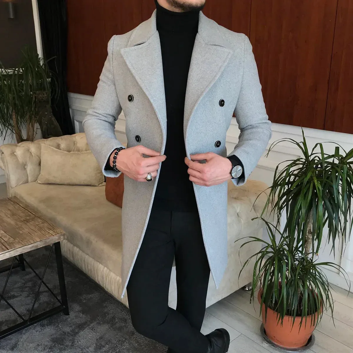 Frost Slim Fit Light Grey Double Breasted Wool Coat by ITALIAN VEGA®