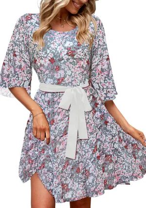 Gray Floral Floral Babydoll Dress for Women Chiffon Cute Flowy Summer Beach Short Dresses with Pockets