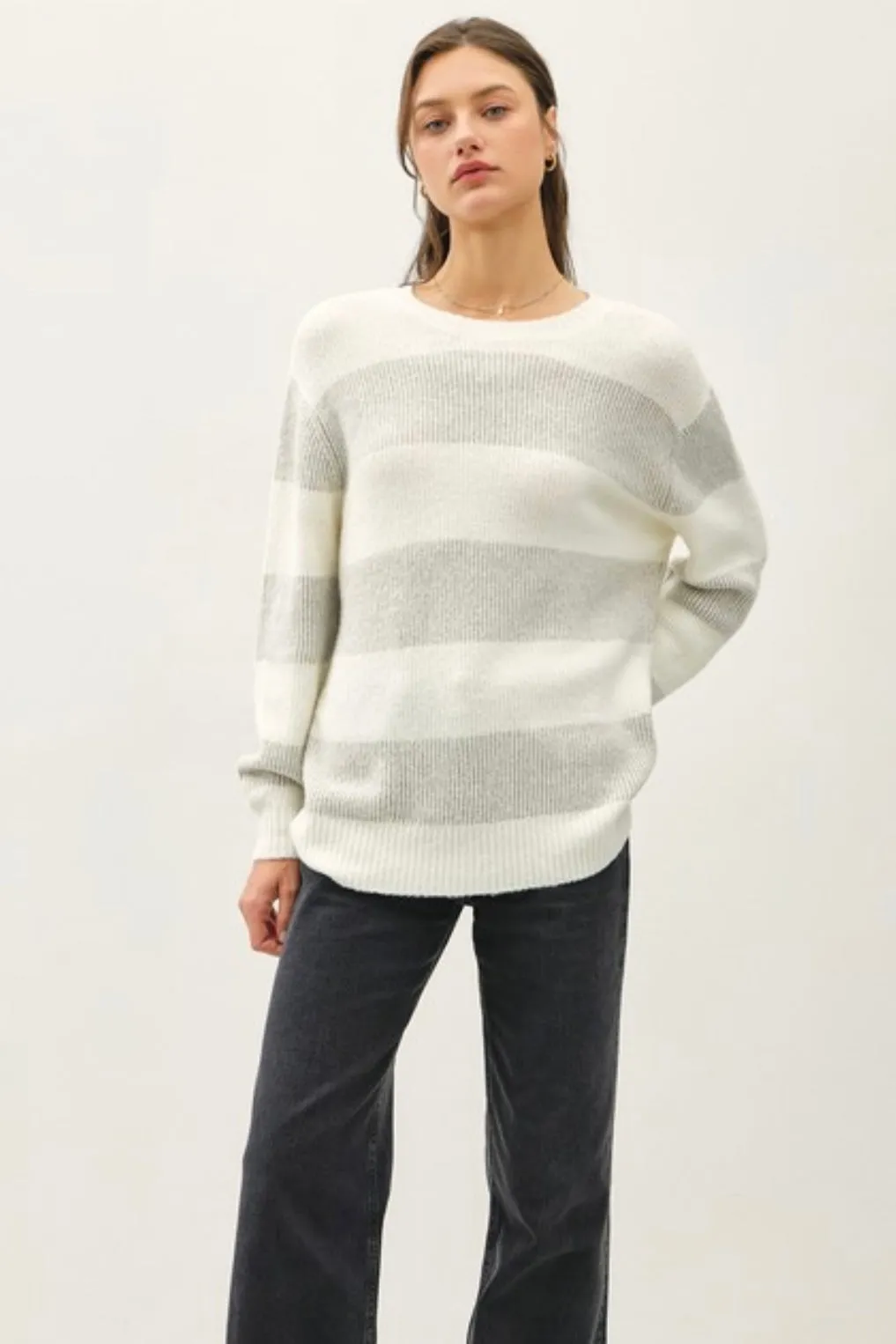 Gray Striped Ribbed Sweater