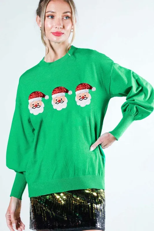 Green Sequin Santa Detail Sweater Top