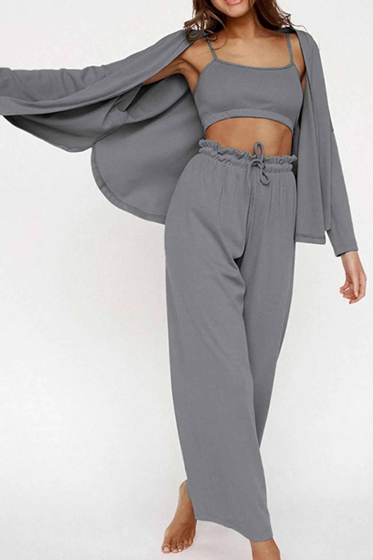 Ice Silk Solid Cardigan Vest Three-piece Long Pants Set