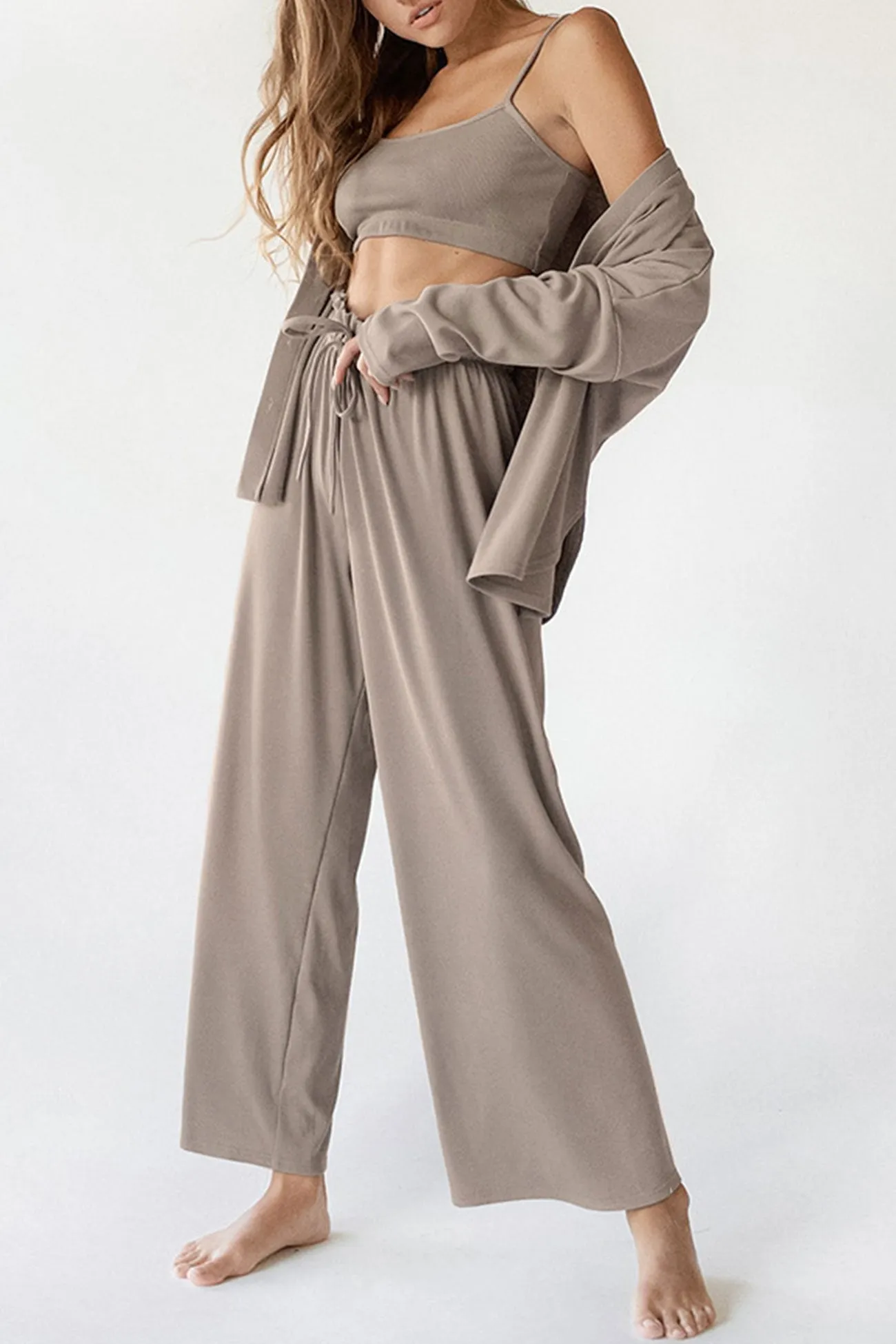 Ice Silk Solid Cardigan Vest Three-piece Long Pants Set