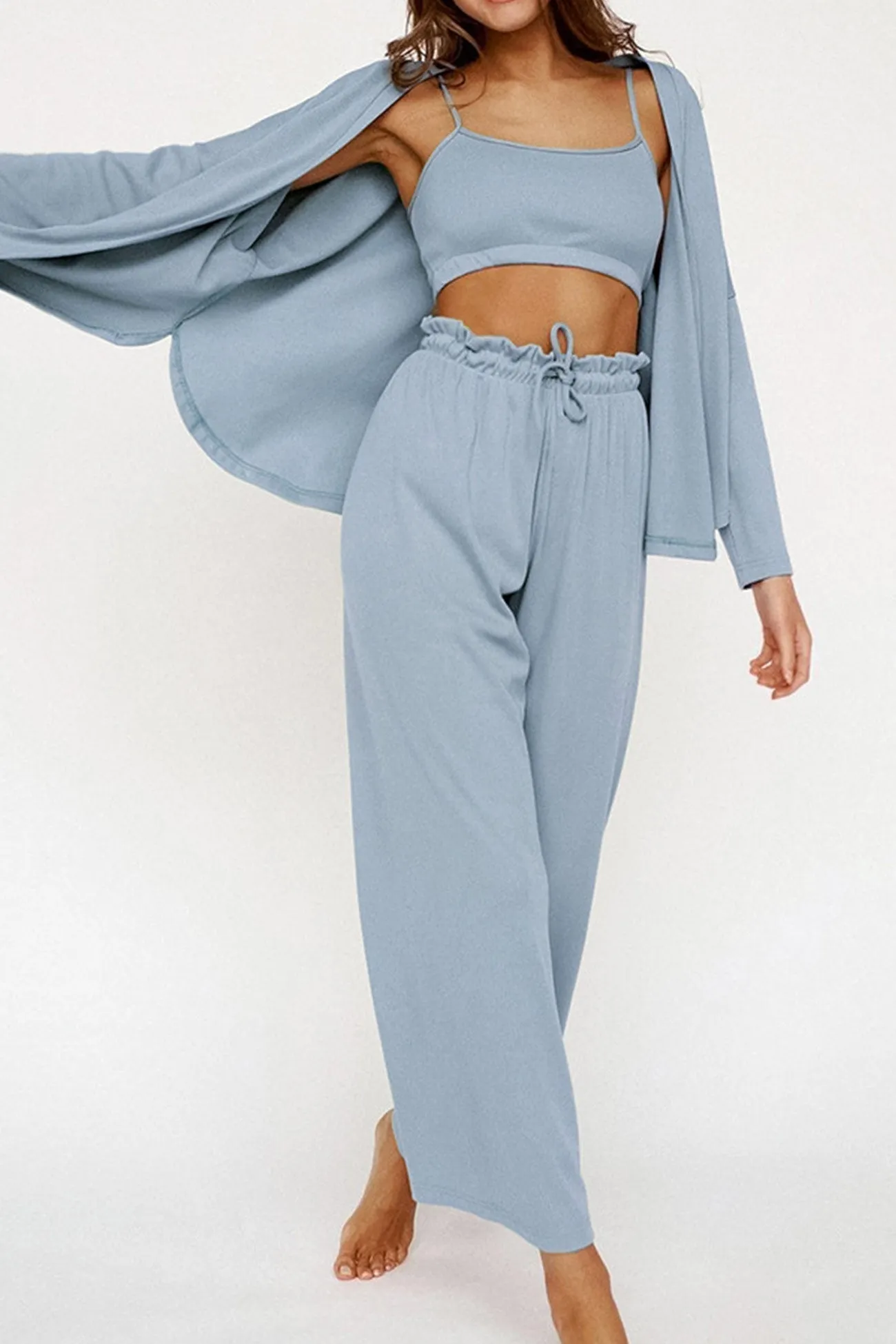 Ice Silk Solid Cardigan Vest Three-piece Long Pants Set