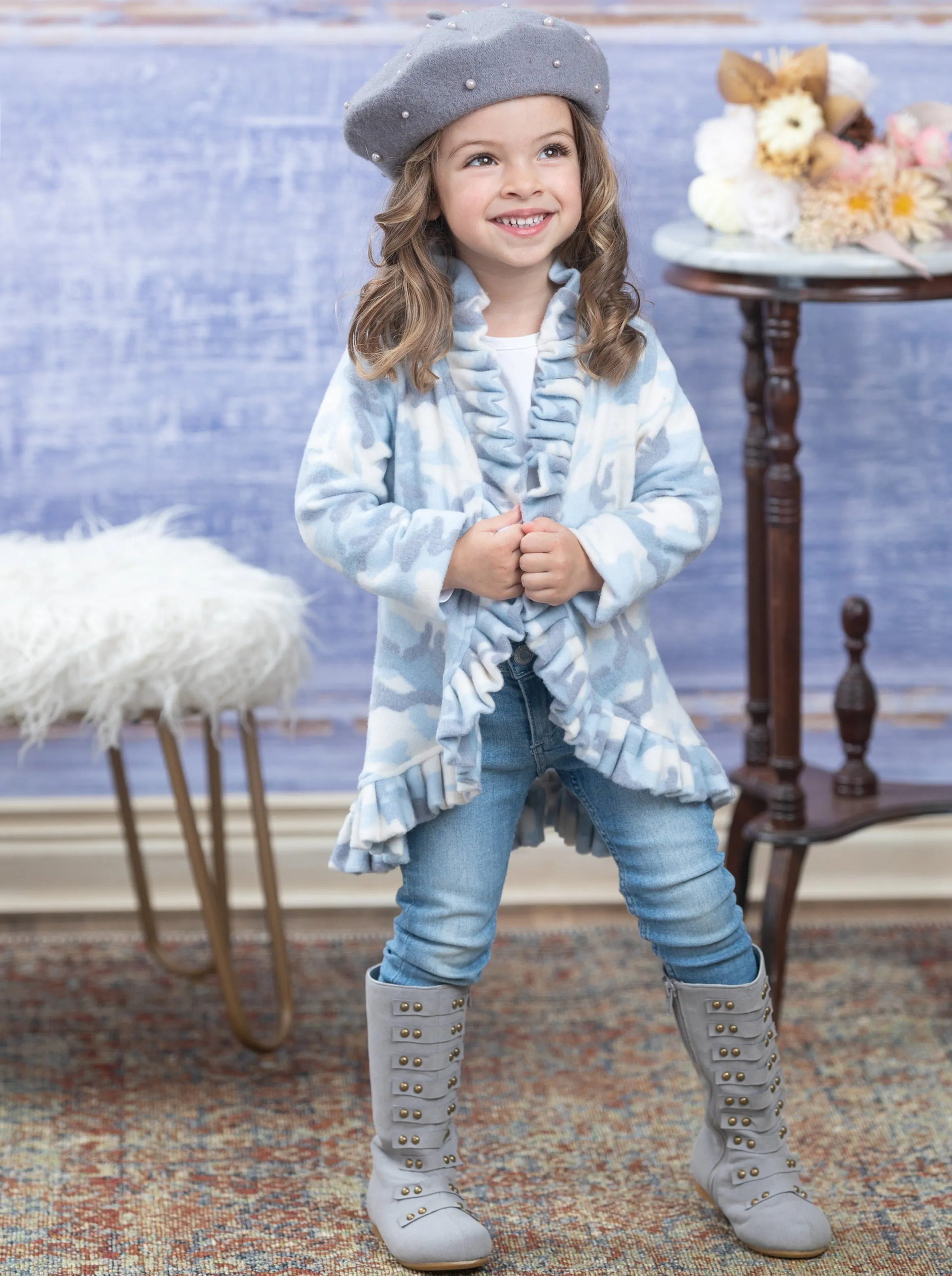 In Command Blue Camo Ruffle Cardigan