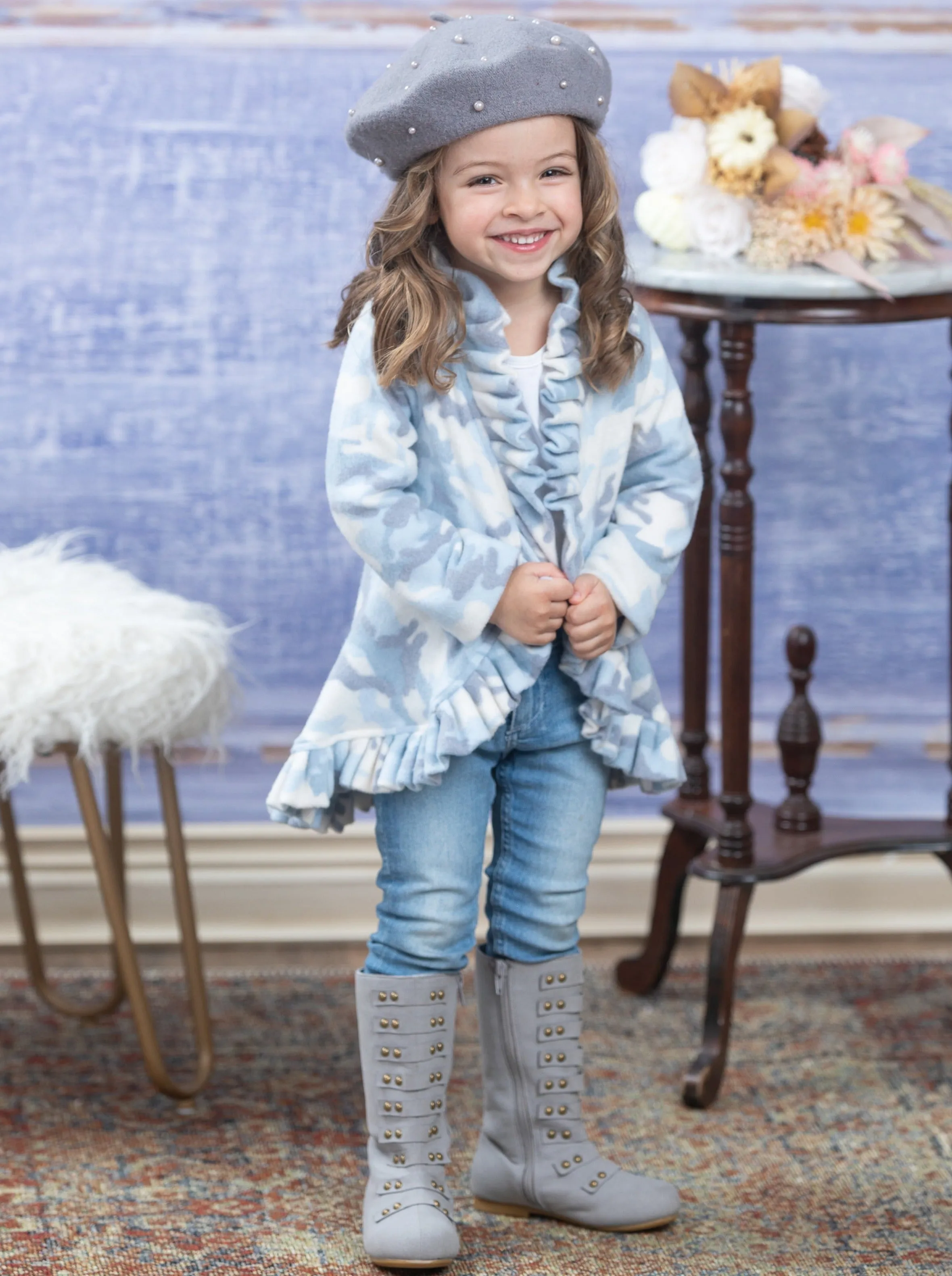 In Command Blue Camo Ruffle Cardigan