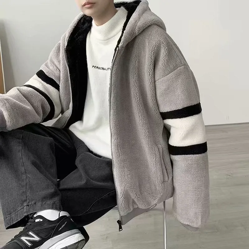 Jinquedai men fall outfits Lamb Wool Coat Men's Winter Korean Style Trendy Thickened Cotton-Padded Coat Ins Hong Kong Style Cotton-Padded Coat Autumn and Winter Warm Cotton-Padded Jacket