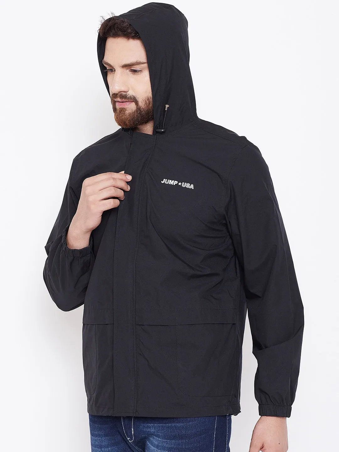 JUMP USA Men Black Hooded Rain Jacket