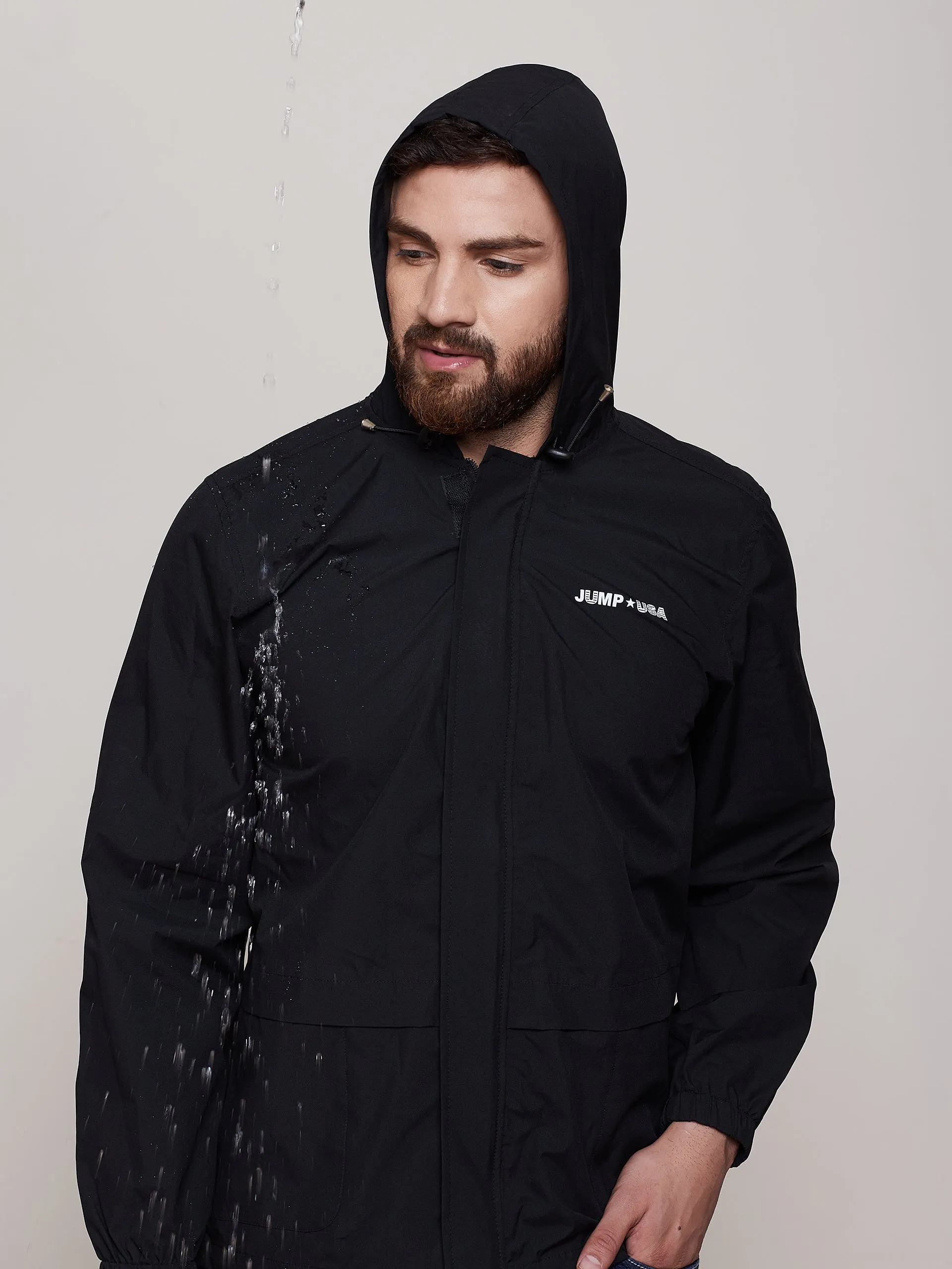 JUMP USA Men Black Hooded Rain Jacket