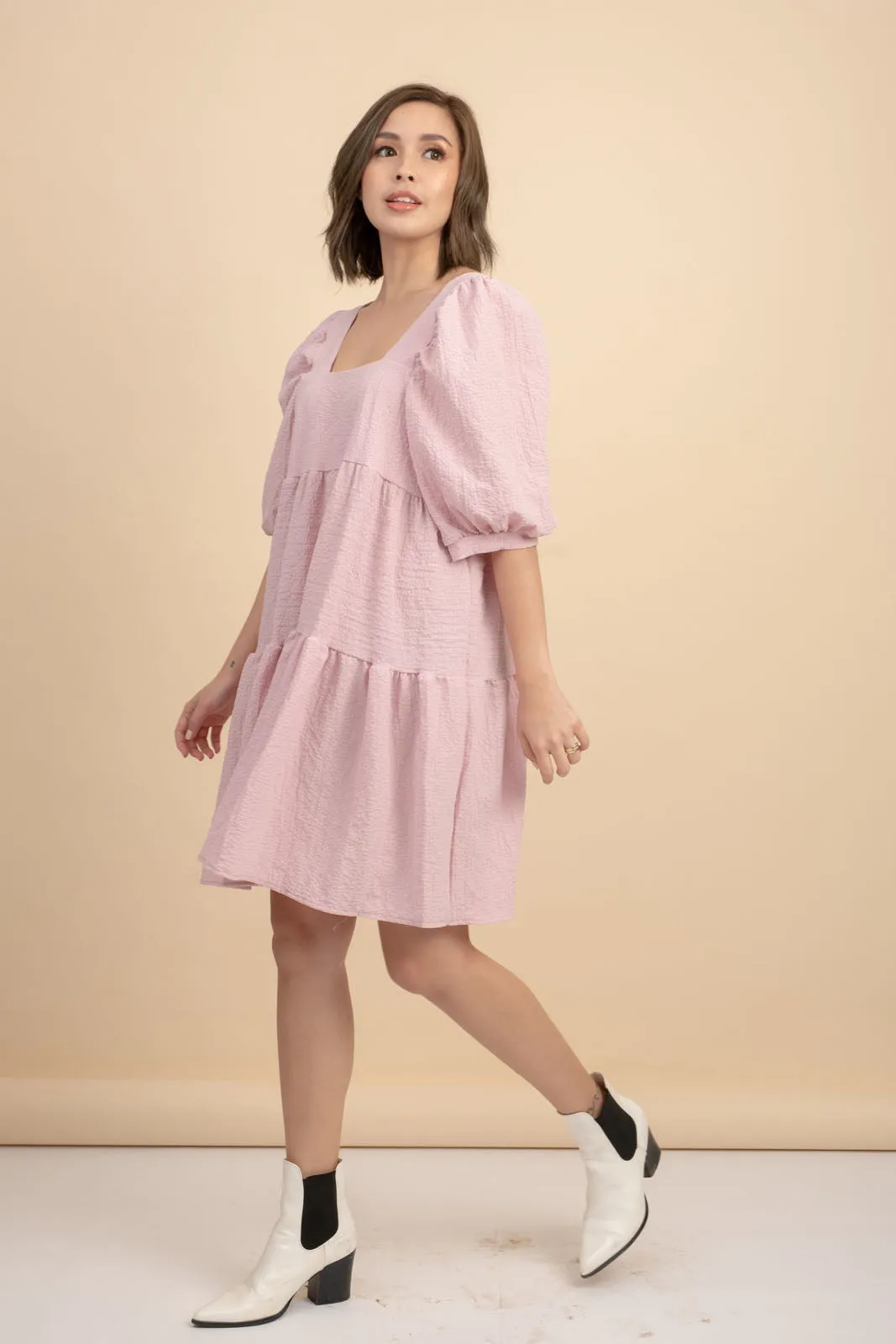 Kattie Pink Babydoll Dress Textured Fabric