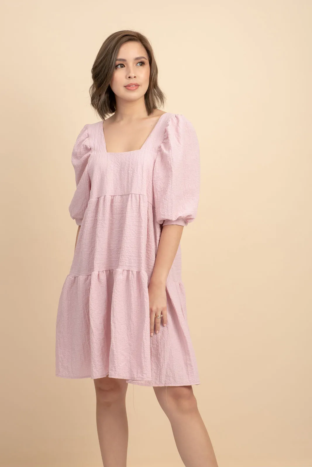 Kattie Pink Babydoll Dress Textured Fabric