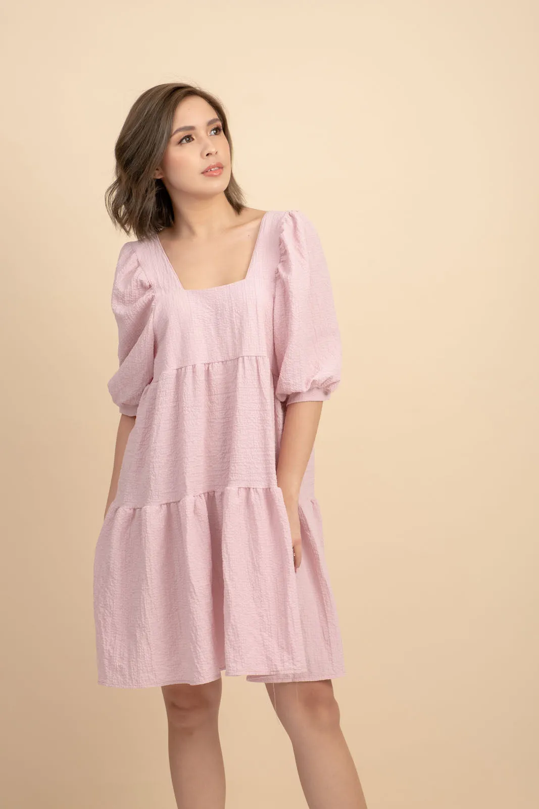 Kattie Pink Babydoll Dress Textured Fabric