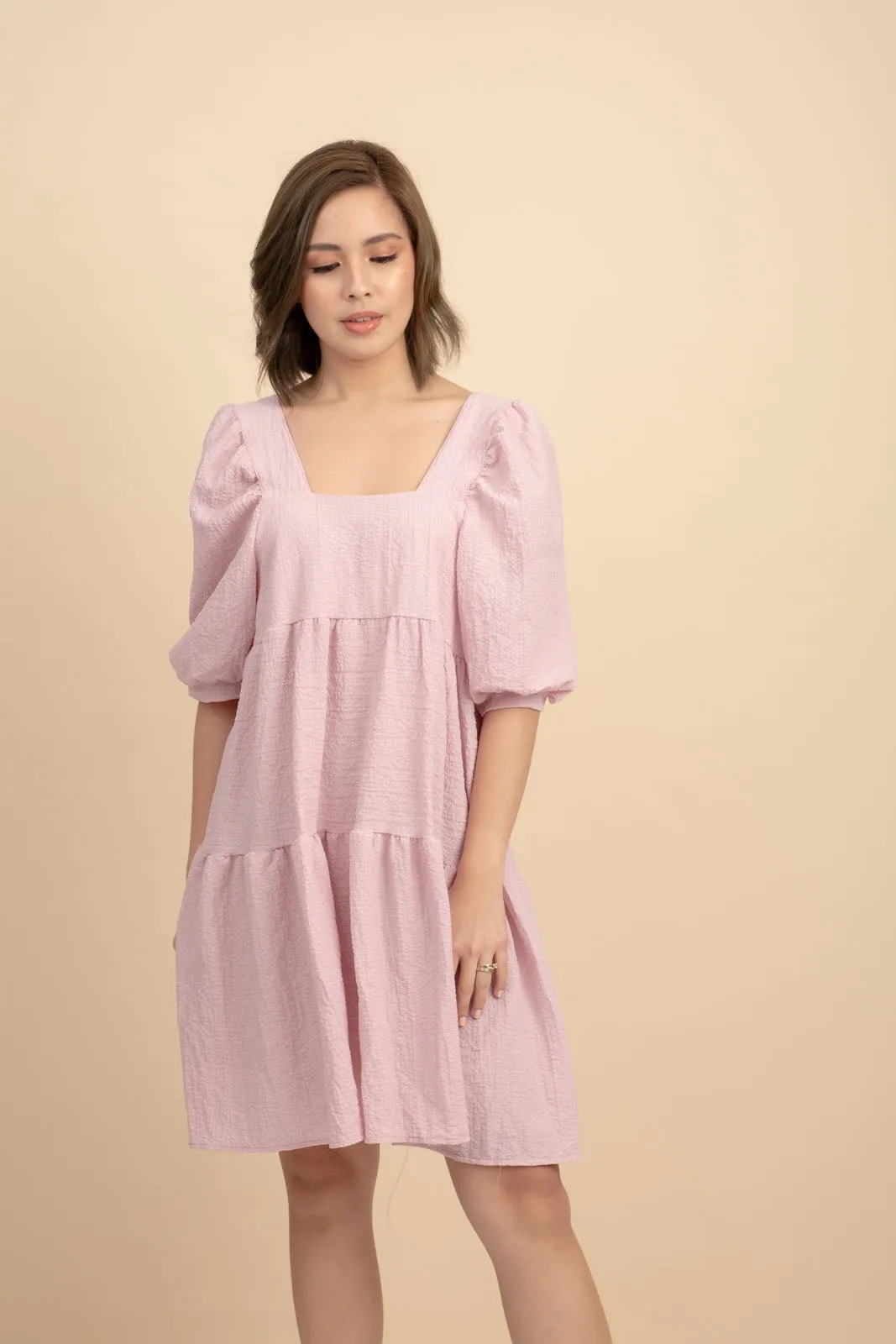 Kattie Pink Babydoll Dress Textured Fabric