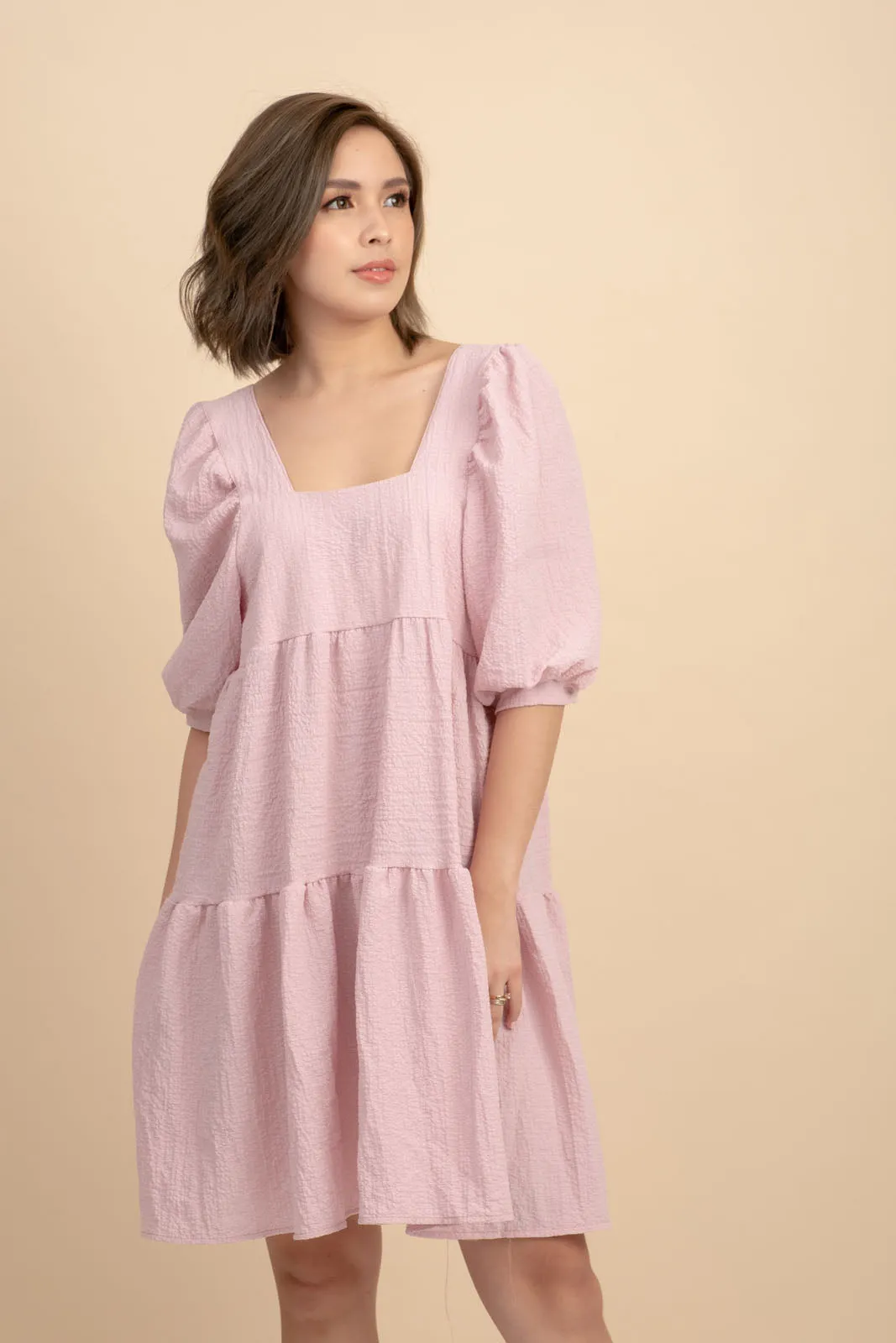 Kattie Pink Babydoll Dress Textured Fabric