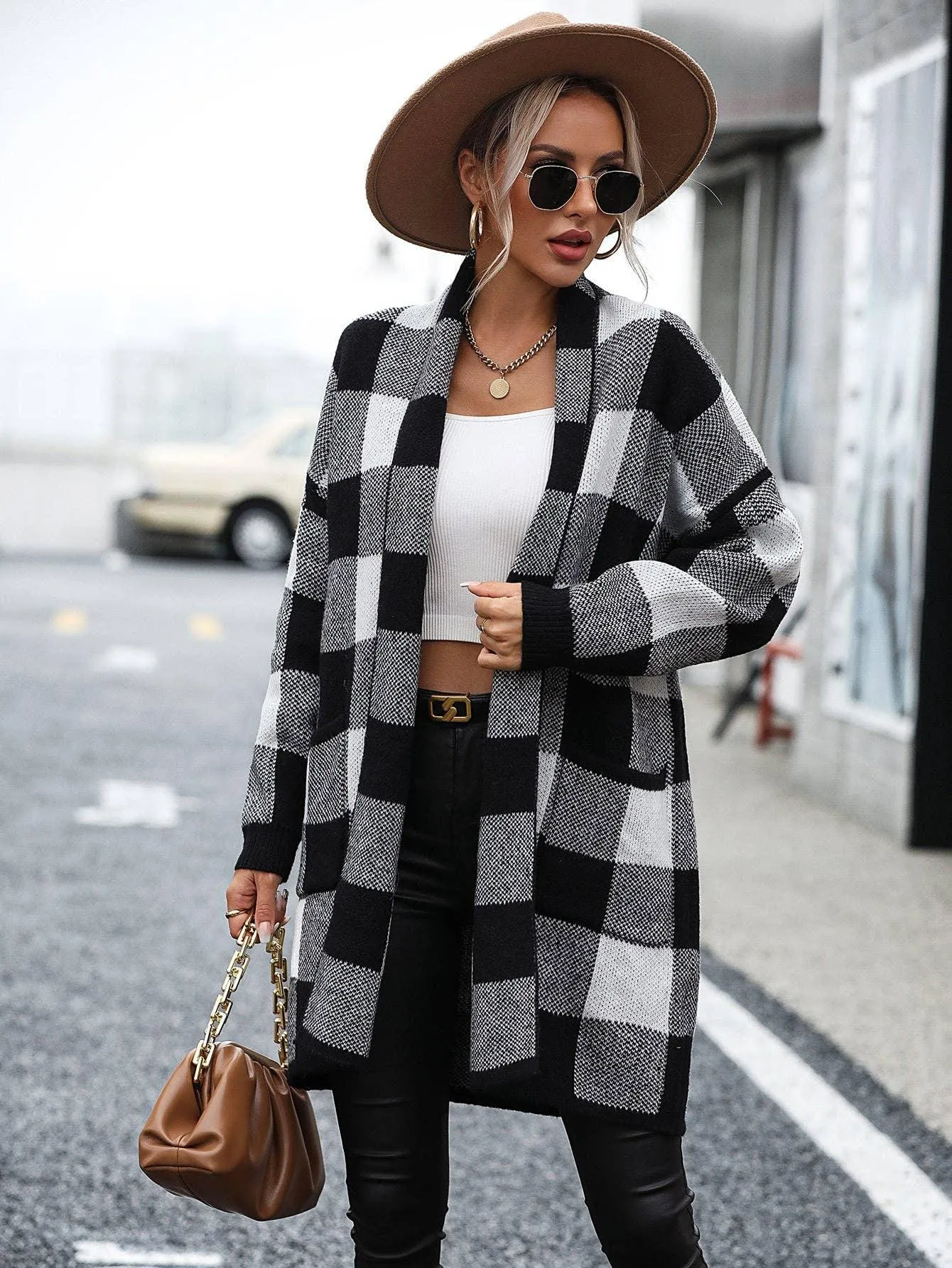 Ladies Plaid Daily Short Knit Cardigan E2310