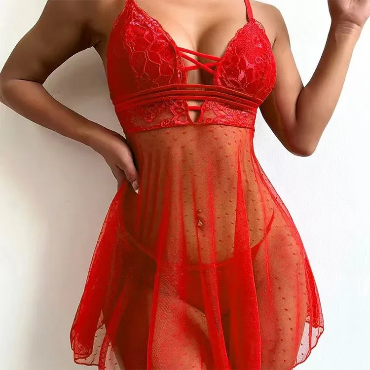 Ladies Sexy  Red Dot Mesh Lace Babydoll