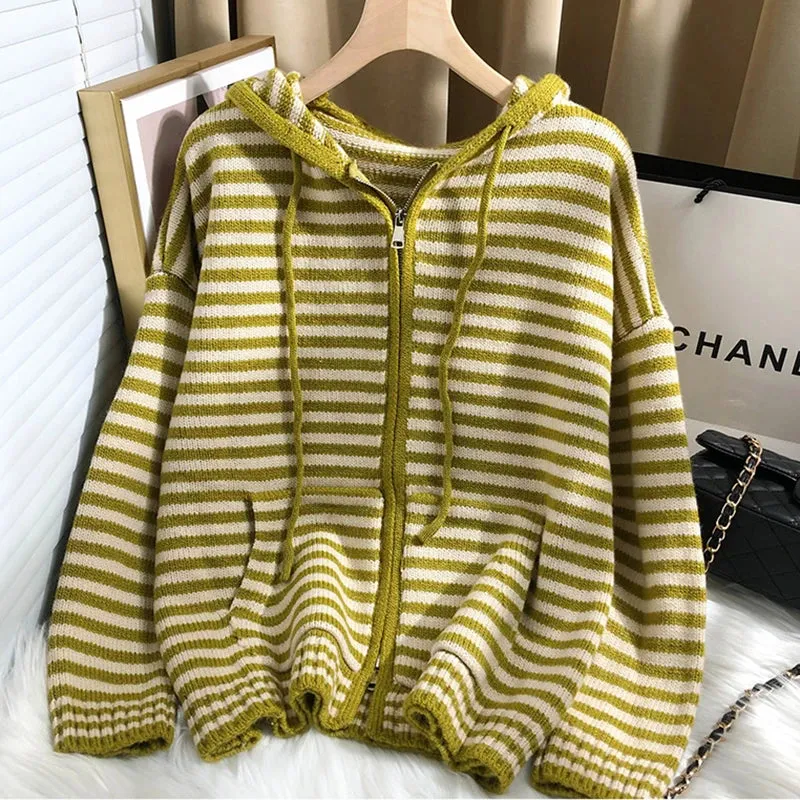 LANFUBEISI Autumn Winter Red Stripes Hooded Knit Cardigan Woman Korean Fashion Loose Casual Sweater Zipper Coat Oversized Long Sleeve Top