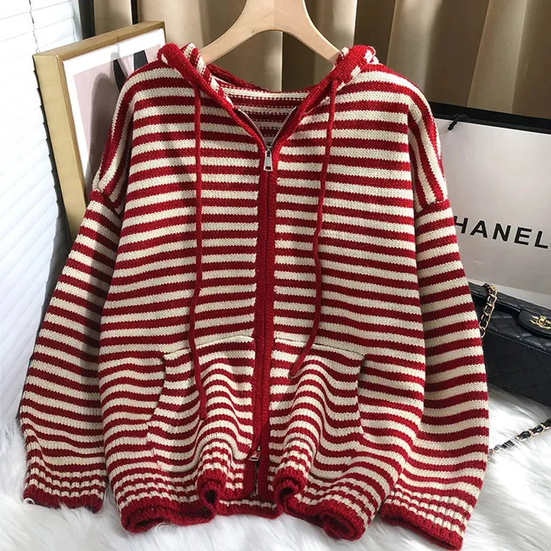 LANFUBEISI Autumn Winter Red Stripes Hooded Knit Cardigan Woman Korean Fashion Loose Casual Sweater Zipper Coat Oversized Long Sleeve Top