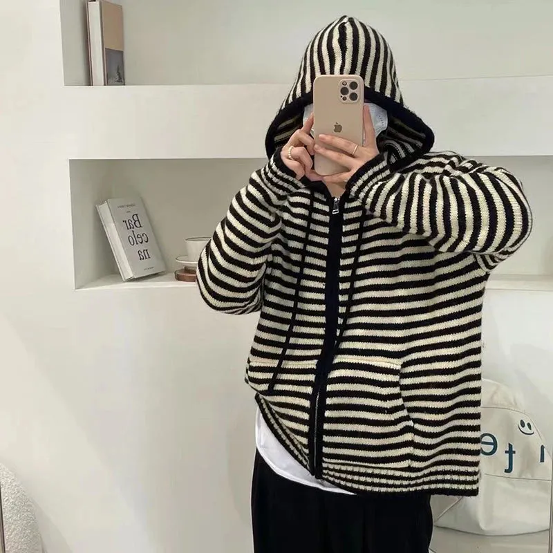 LANFUBEISI Autumn Winter Red Stripes Hooded Knit Cardigan Woman Korean Fashion Loose Casual Sweater Zipper Coat Oversized Long Sleeve Top