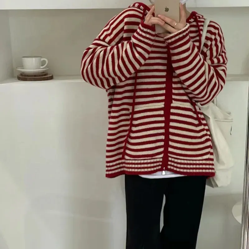 LANFUBEISI Autumn Winter Red Stripes Hooded Knit Cardigan Woman Korean Fashion Loose Casual Sweater Zipper Coat Oversized Long Sleeve Top