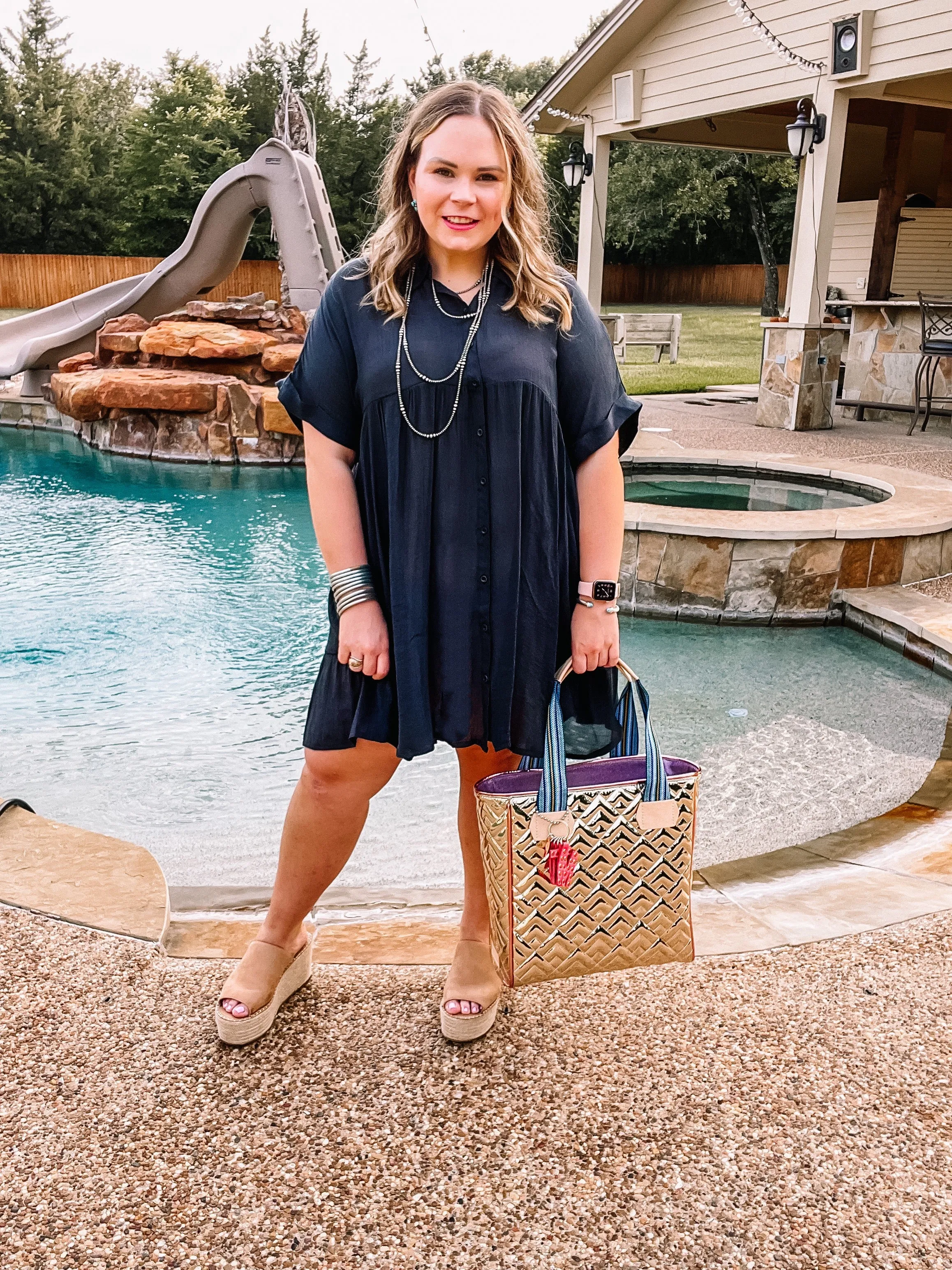 Last Chance Size Small & XL | Wildest Dreams Button Up Short Sleeve Tunic Dress in Black