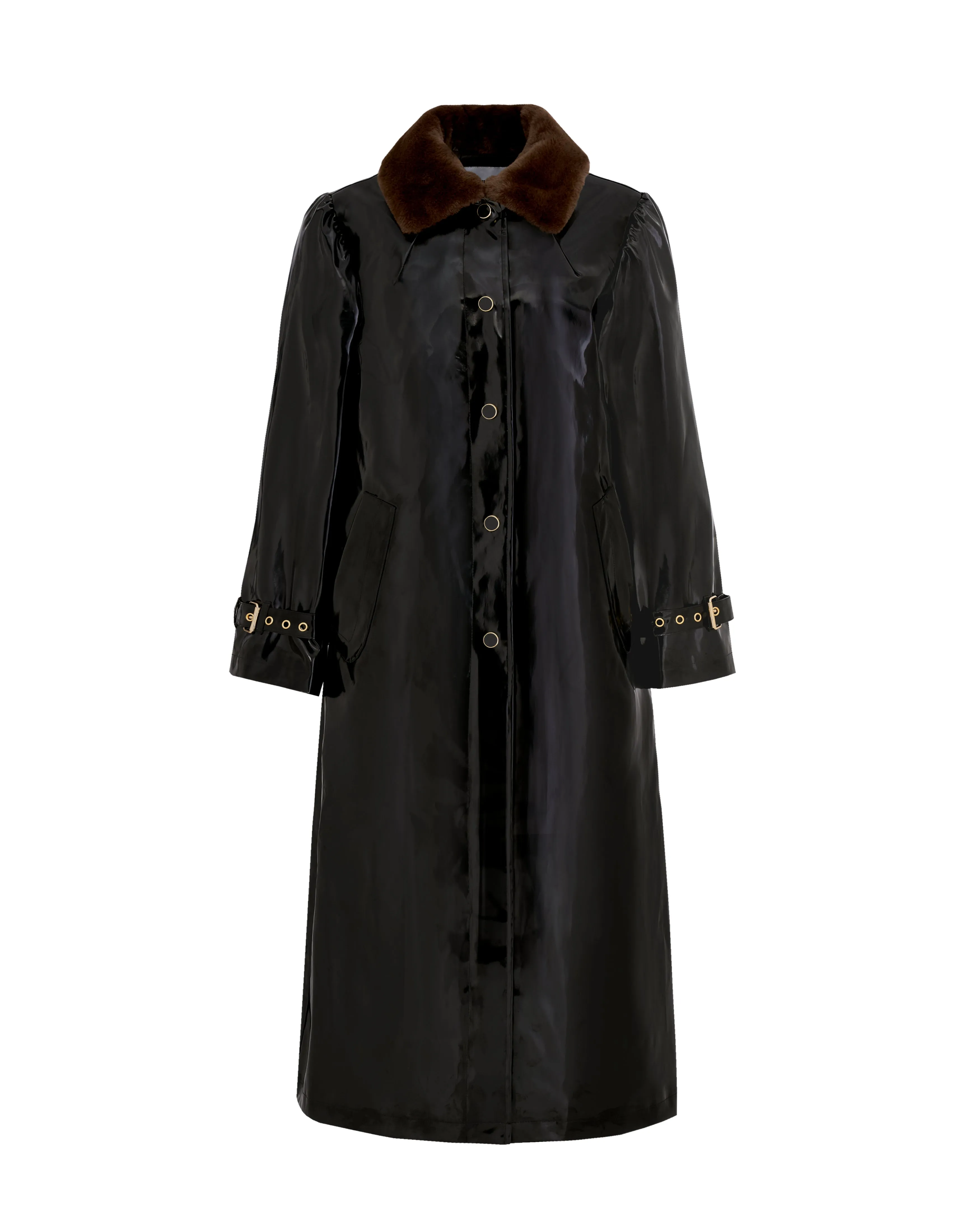 Long Raincoat with detachable plush collar - Black