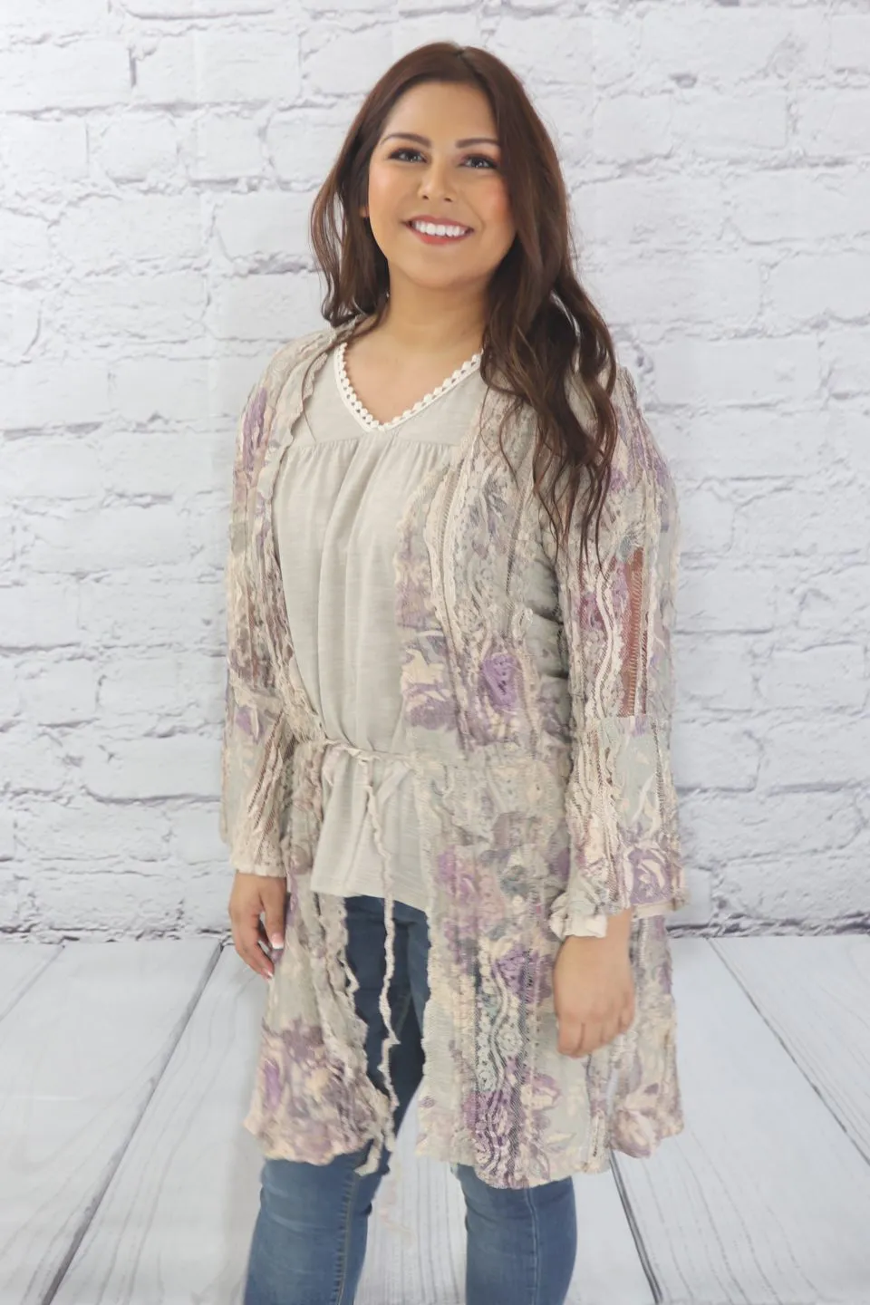 Long sleeve lace print cardigan