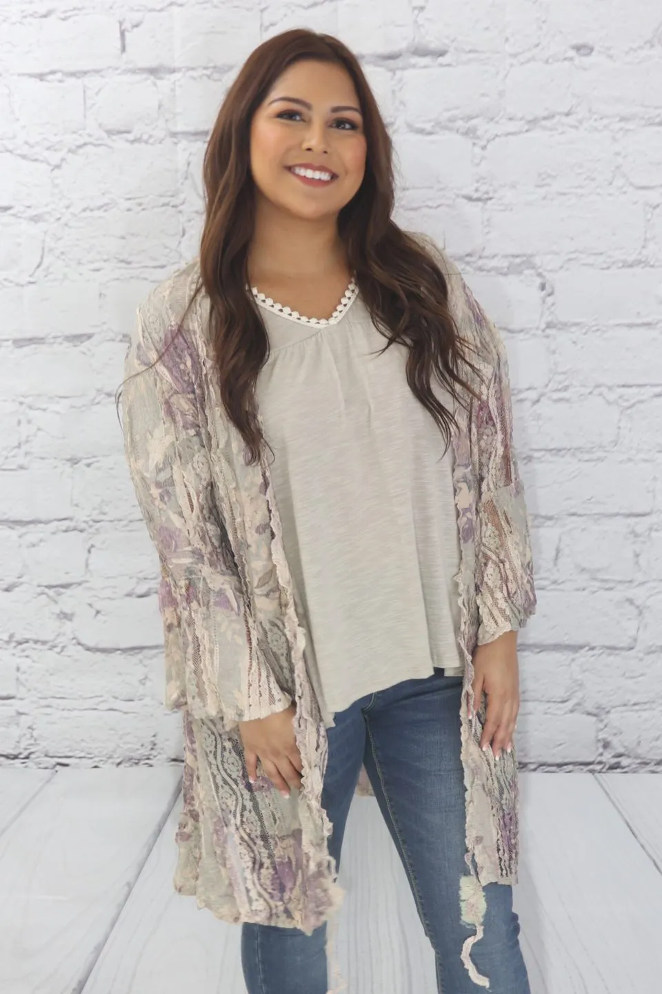 Long sleeve lace print cardigan