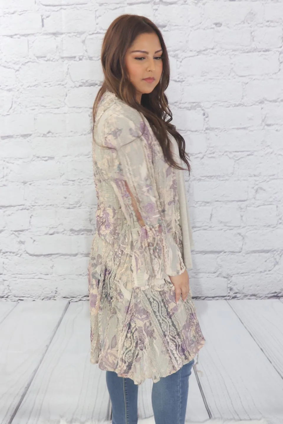 Long sleeve lace print cardigan