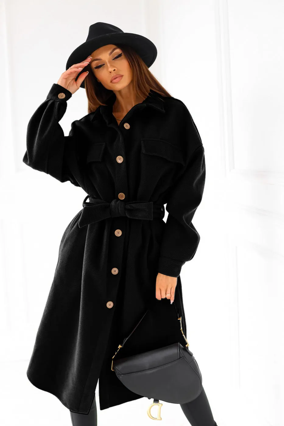 Long-sleeved V-neck Button Lace Woolen Coat Coat Women's Clothing