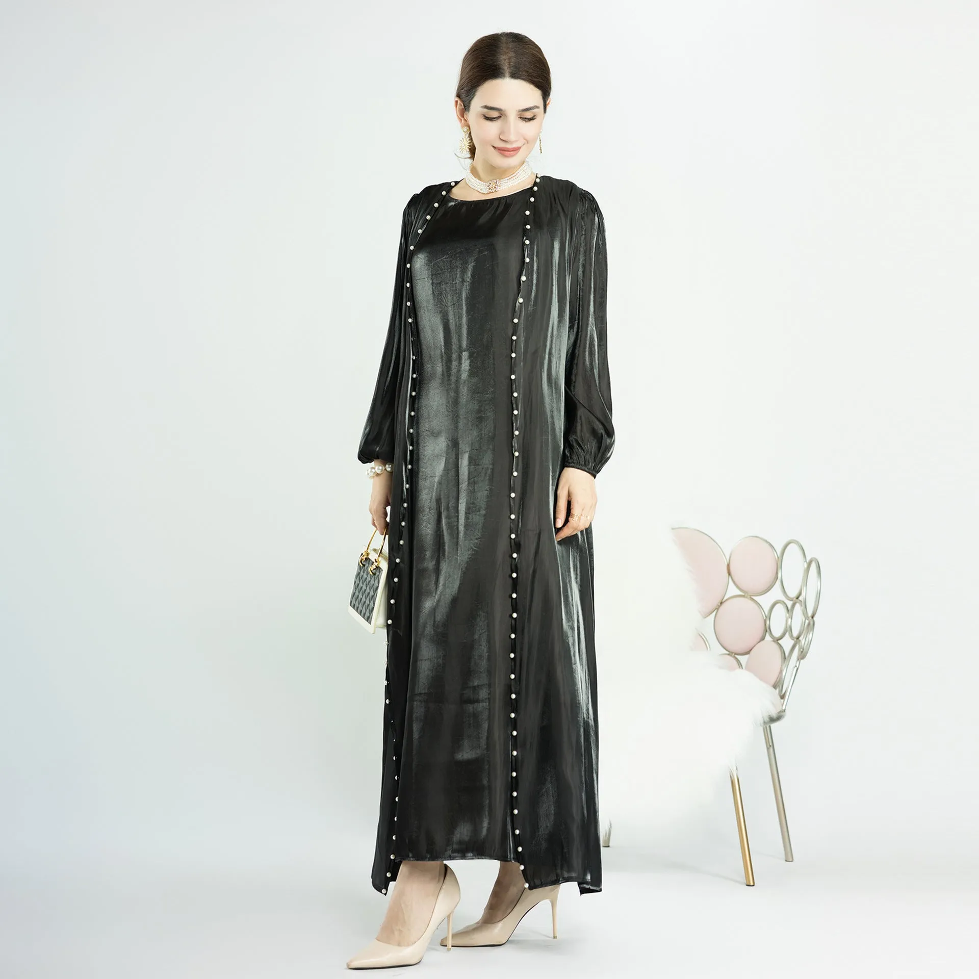 LR587 Amazon puff-sleeved beaded cardigan and sleeveless dress two-piece set