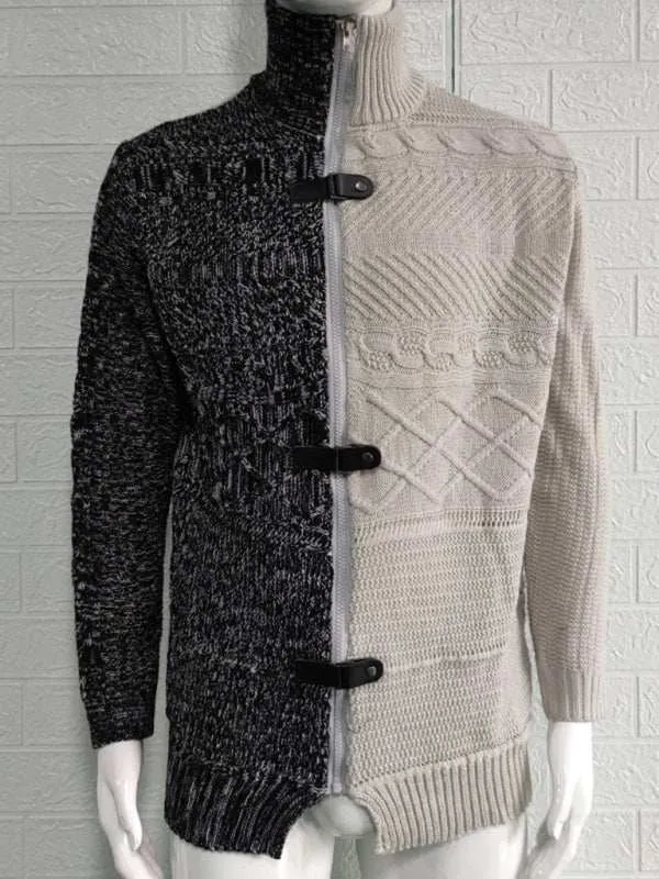 Men's high -necked color skin buckle long -sleeved knit sweater cardigan