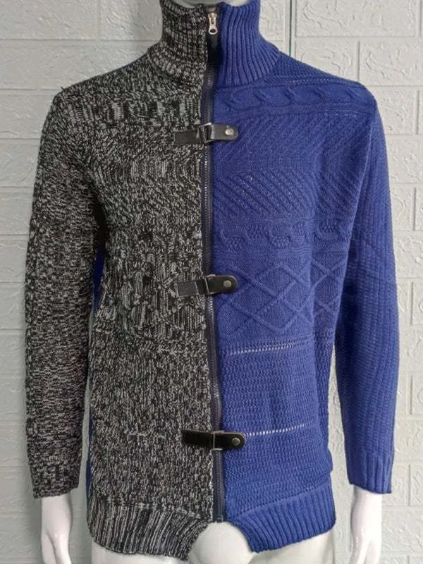 Men's high -necked color skin buckle long -sleeved knit sweater cardigan