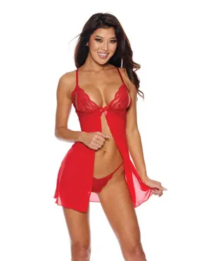 Mesh & Lace Tie Front Babydoll w/G-String Red