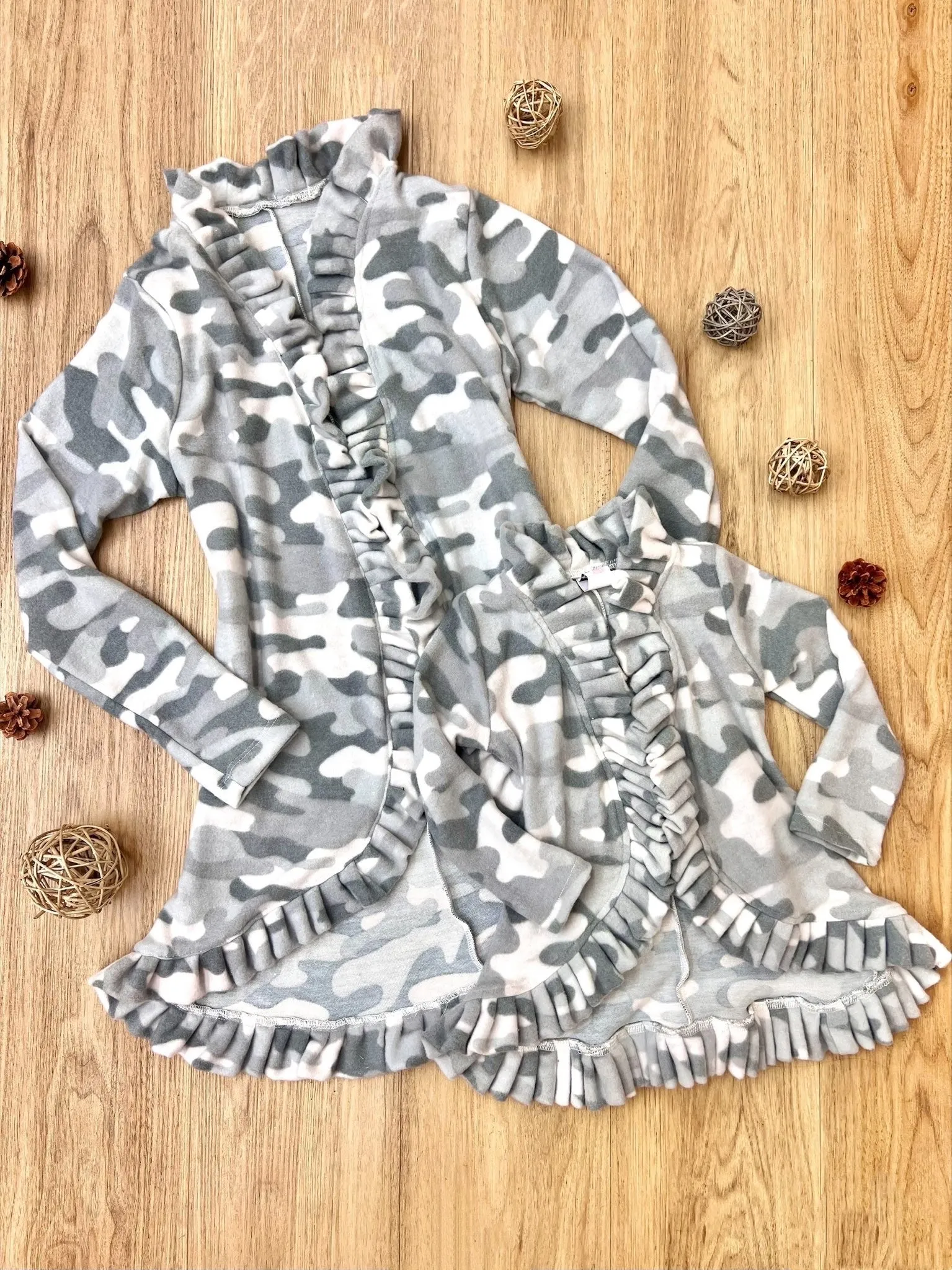 Mommy and Me In Command Grey Camo Ruffle Cardigan