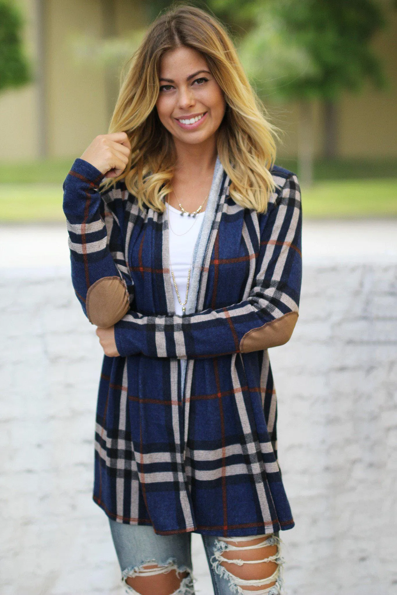 Navy Plaid Cardigan With Elbow Patches