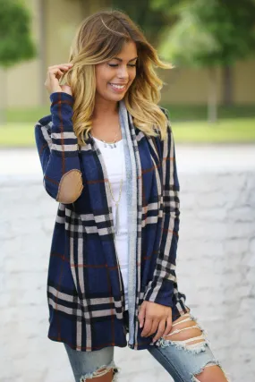 Navy Plaid Cardigan With Elbow Patches