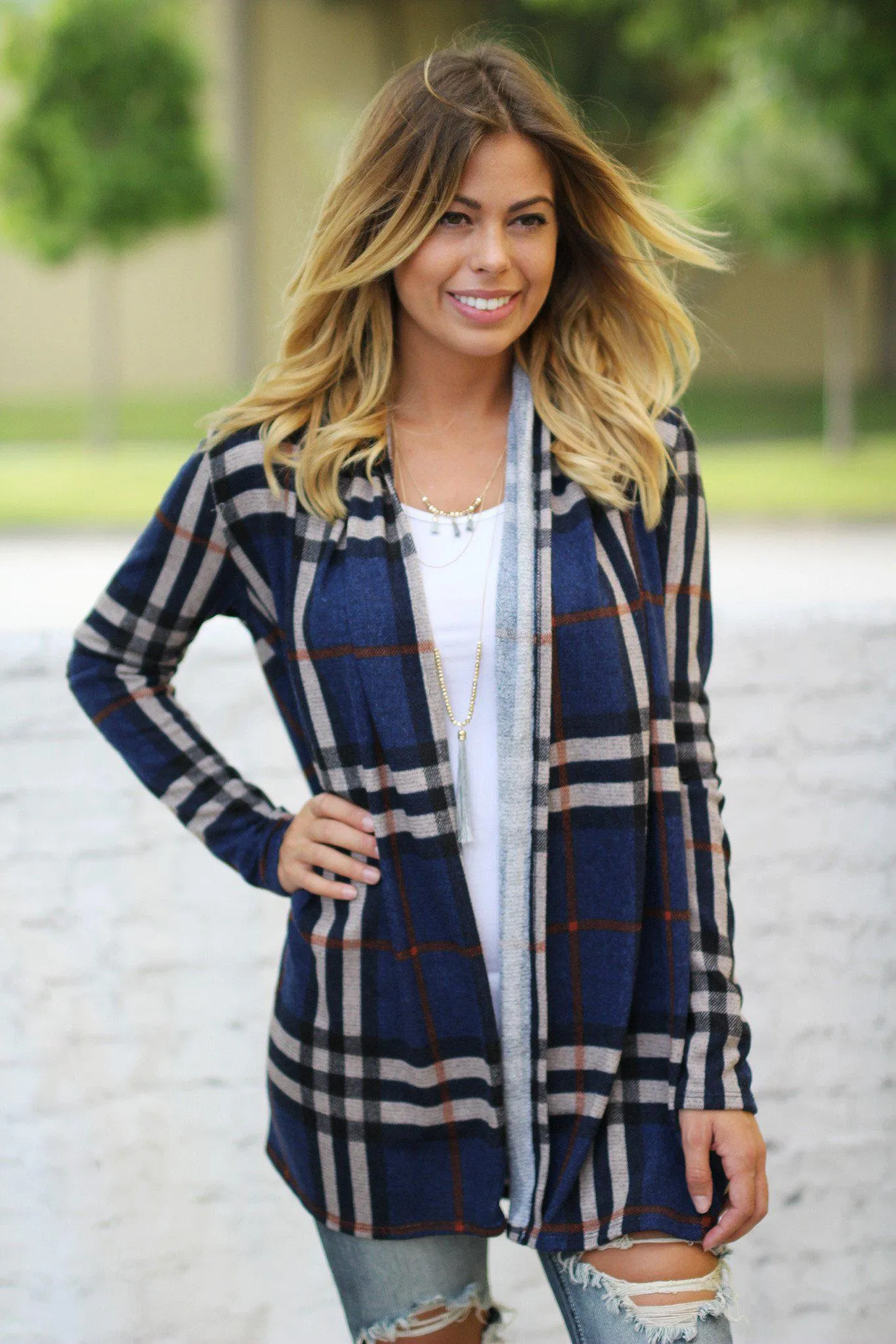 Navy Plaid Cardigan With Elbow Patches