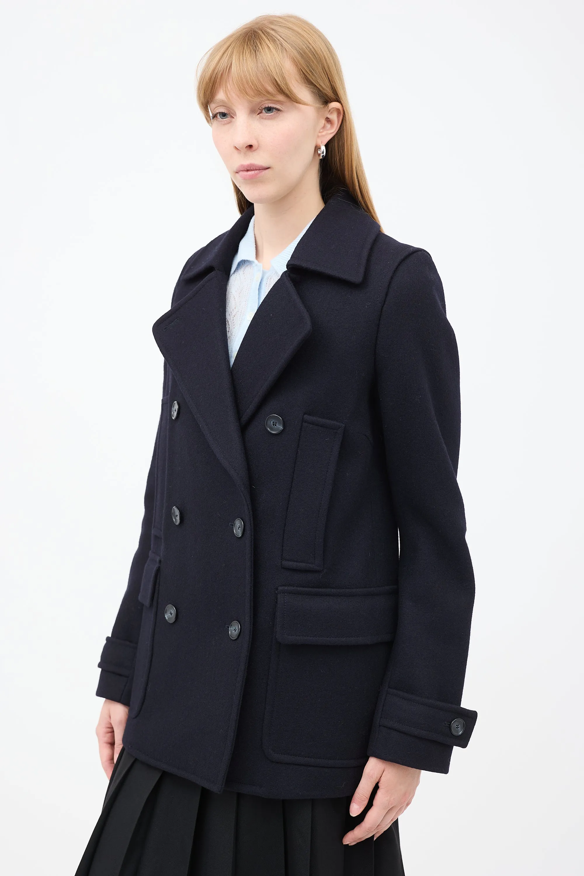 Navy Wool Double Breasted Pea Coat