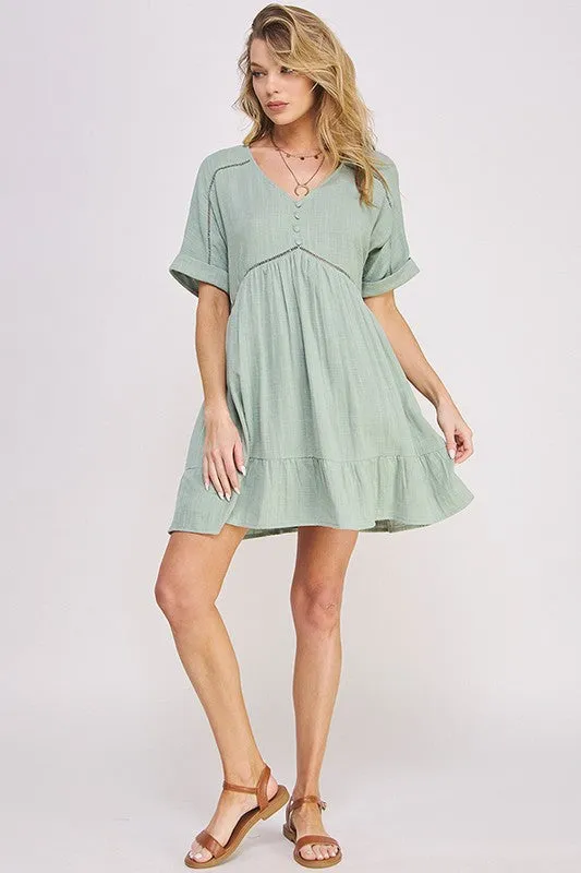 Plus Textured Woven Ladder Trim Button Babydoll Dress