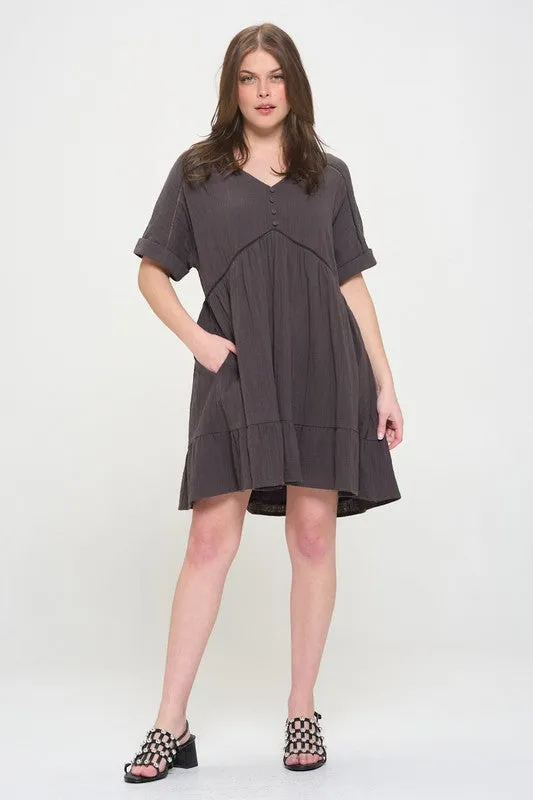 Plus Textured Woven Ladder Trim Button Babydoll Dress