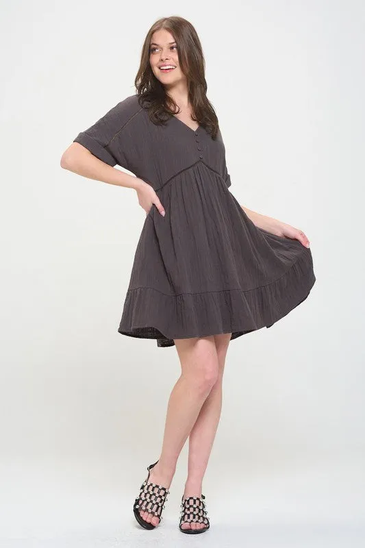 Plus Textured Woven Ladder Trim Button Babydoll Dress