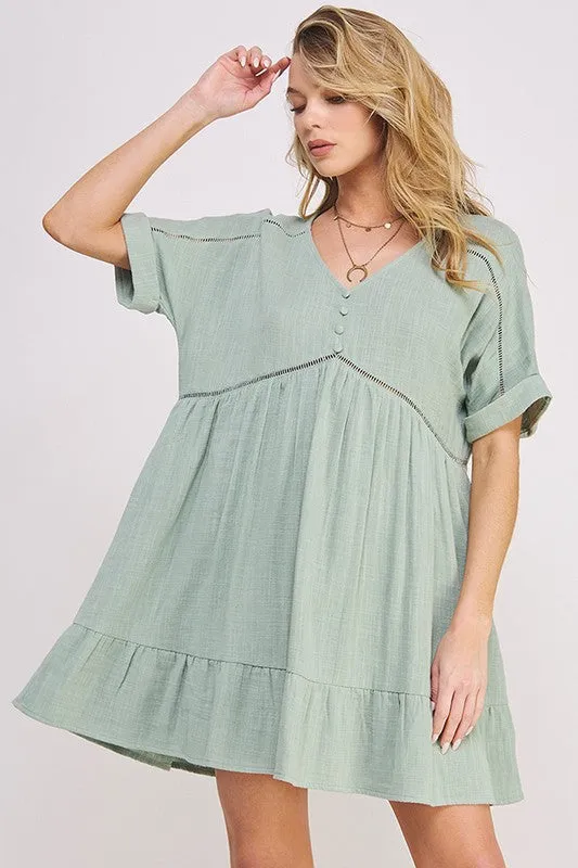 Plus Textured Woven Ladder Trim Button Babydoll Dress