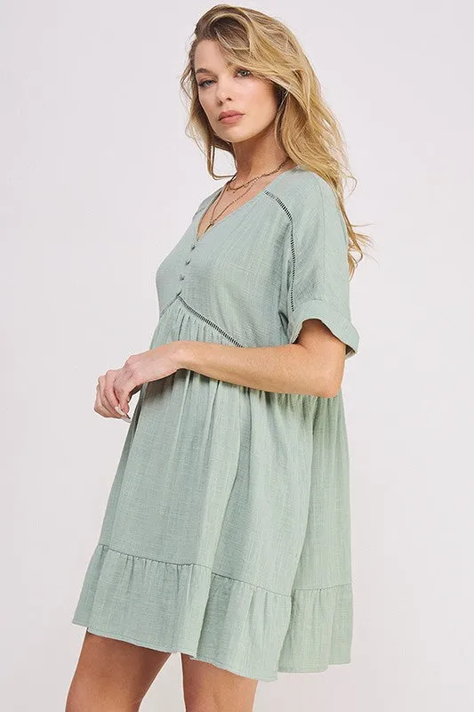 Plus Textured Woven Ladder Trim Button Babydoll Dress