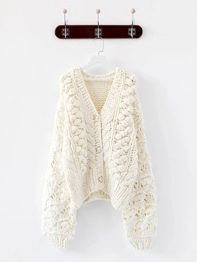 Pre Order:  White Knitted Hollow-Out V-Neck Cardigan Sweater