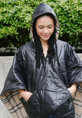 Rainraps Hooded Shiny Black & Plaid PUFFERRAP | Women's Rain Poncho