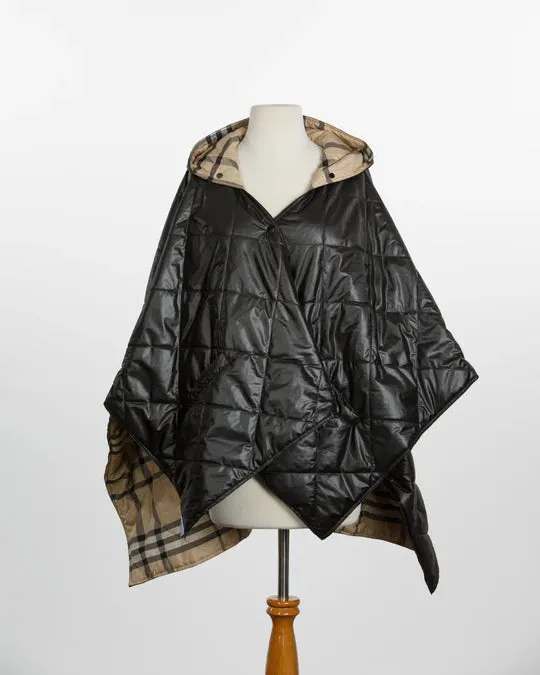 Rainraps Hooded Shiny Black & Plaid PUFFERRAP | Women's Rain Poncho