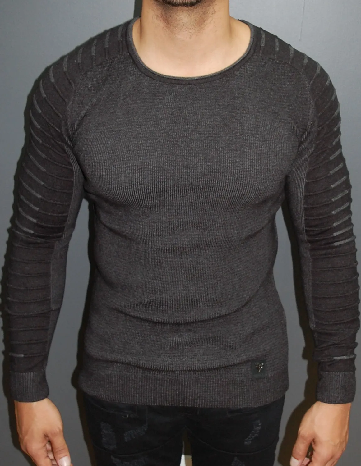 R&R Men Stylish Side Arm Ribbed Crew Neck Sweater - Dark Gray